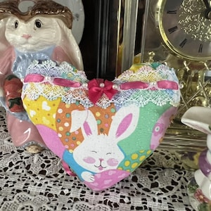 Handmade, Easter, &quot;Bunny and Eggs&quot;, Fabric Hanging Heart, Door Hanger, Home Decor, Ornament, Gift