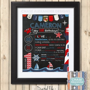 NAUTICAL 1st Birthday Chalkboard Sign - Poster - First - Milestone - Sailboat Lighthouse - Personalized & Printable – DIGITAL FILE