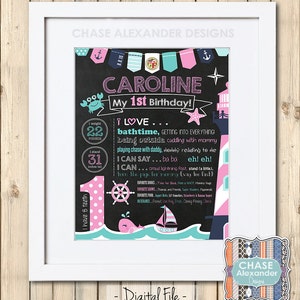 NAUTICAL 1st Birthday Chalkboard Sign - Poster - First - Milestone - Sailboat Lighthouse - Personalized & Printable – DIGITAL FILE