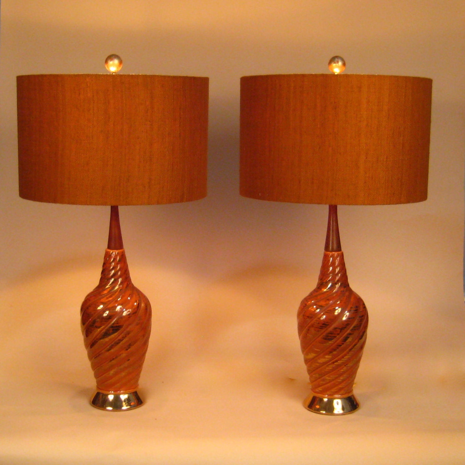 Mid Century Modern Pair of Lamps Drum Lamp Shades Orange ... Mid Century Modern Pair of Lamps Drum Lamp Shades Orange ...