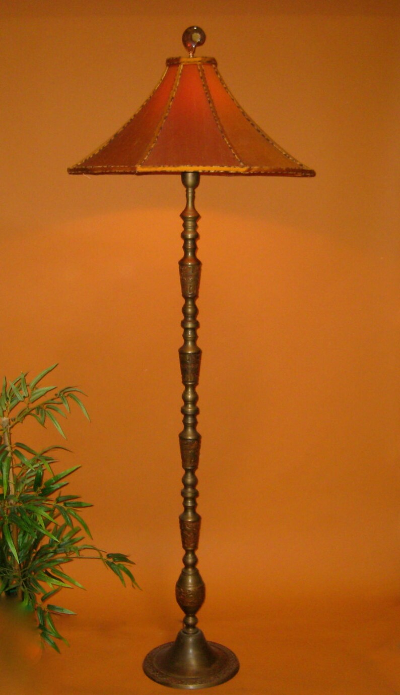 Sold Vintage Asian Floor Lamp Handmade Shade Orange Silk Finial Ammonite