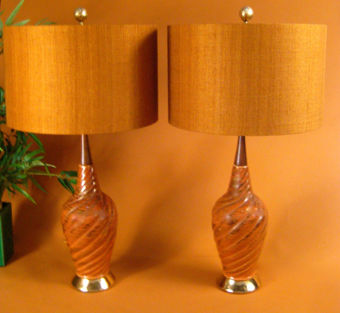 Mid Century Modern Pair of Lamps Drum Lamp Shades Orange Etsy
