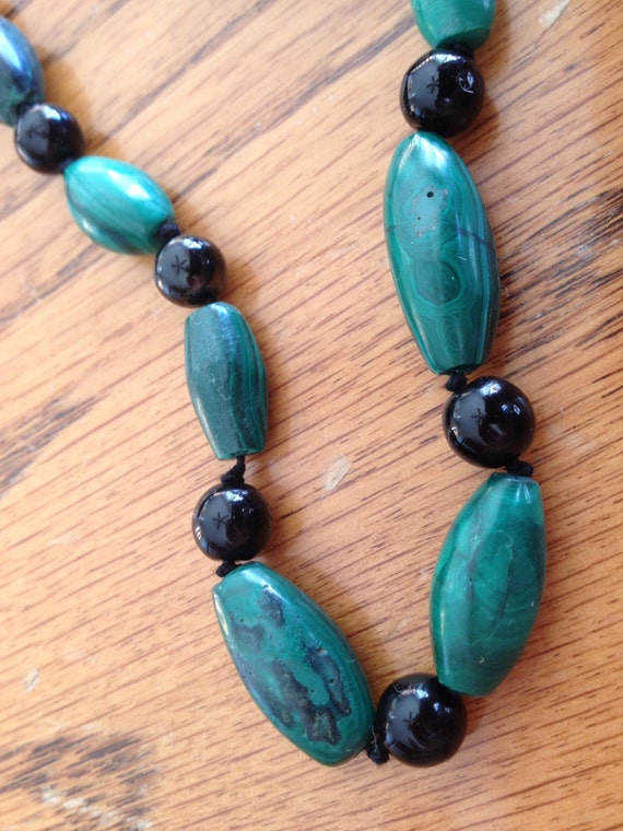 Malachite necklace vintage French Jet beads semi p