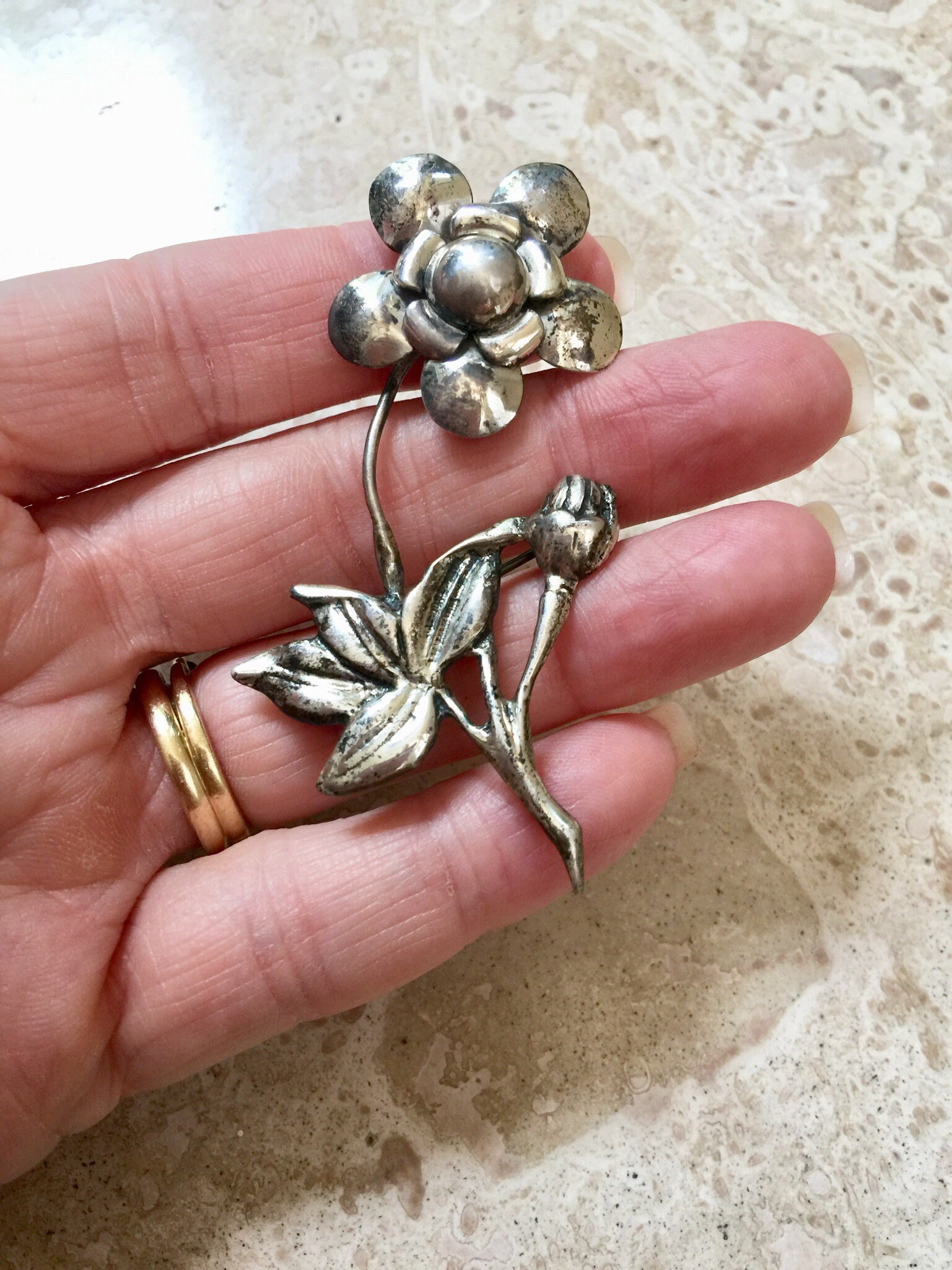 Vintage Rose Brooch Sterling Flower Pin Leaf Motif Handmade