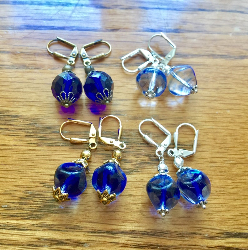 Vintage German Art Glass Czech glass earrings cobalt blue beads pierced lever back dangle silver antique brass findings up-cycled vintage