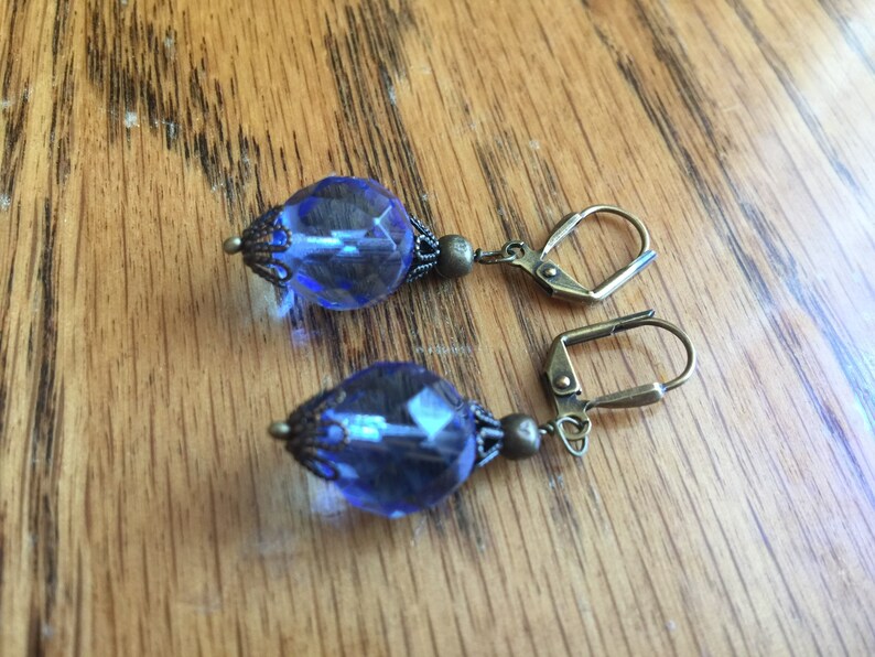 Vintage German Art Glass Czech glass earrings cobalt blue beads pierced lever back dangle silver antique brass findings up-cycled vintage