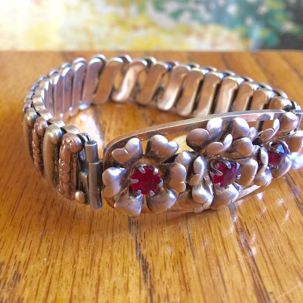 Vintage Victorian bracelet expandable 12k gold fill on sterling silver Lustern rose gold red stone floral accents excellent quality