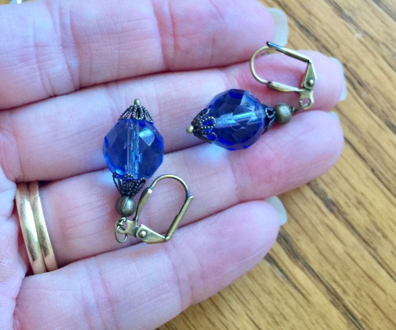 Vintage German Art Glass Czech glass earrings cobalt blue beads pierced lever back dangle silver antique brass findings up-cycled vintage