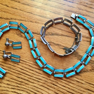 Margot deTaxco Sterling blue enamel set necklace bracelet and earrings 5397A parallel lines hallmarked artisan made Mexico book piece