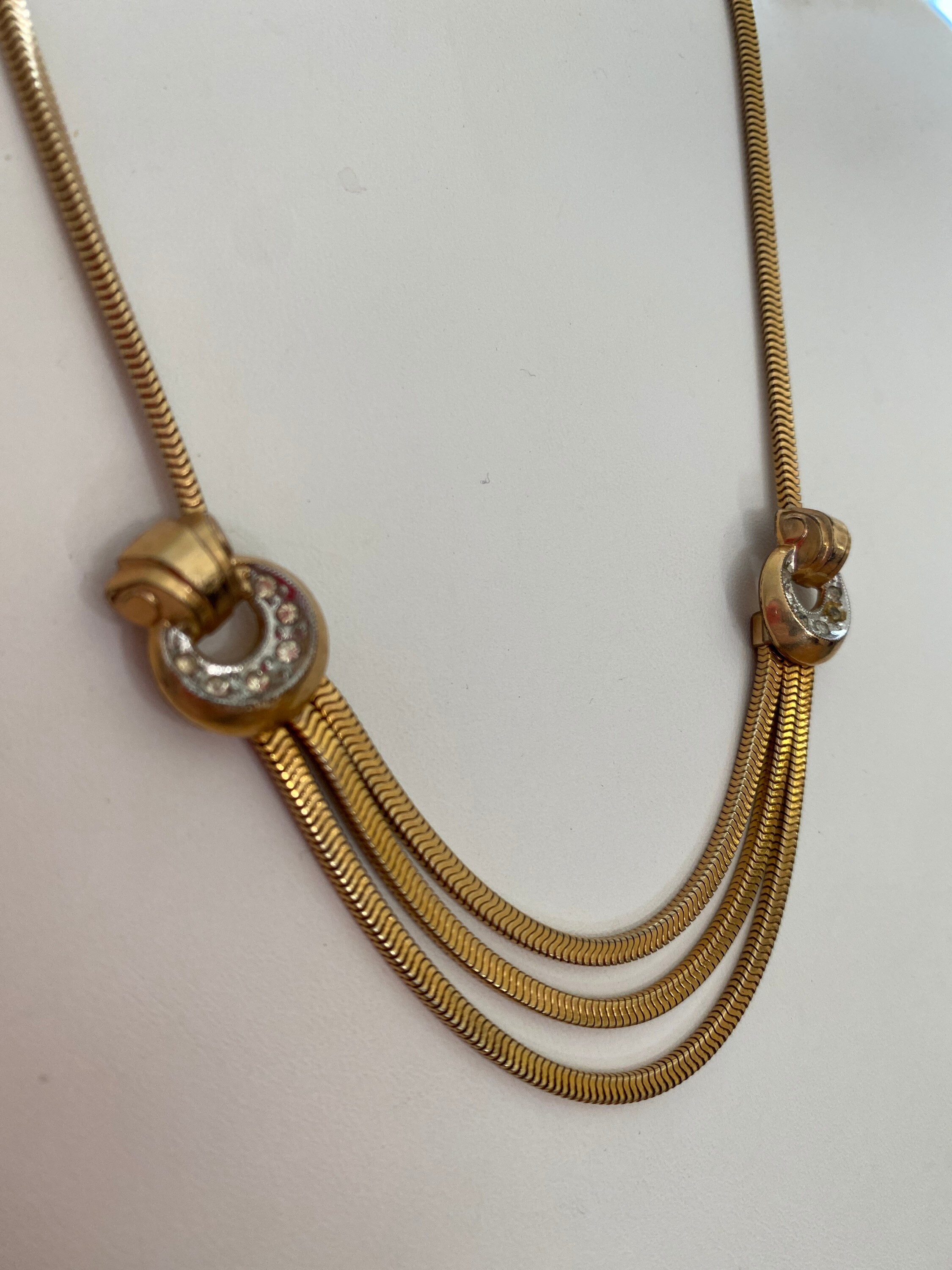 10kt Gold Fill and Rhinestone Drape Necklace Signed P S Co 10kt Gold Fill and Rhinestone Drape Necklace Signed P S Co