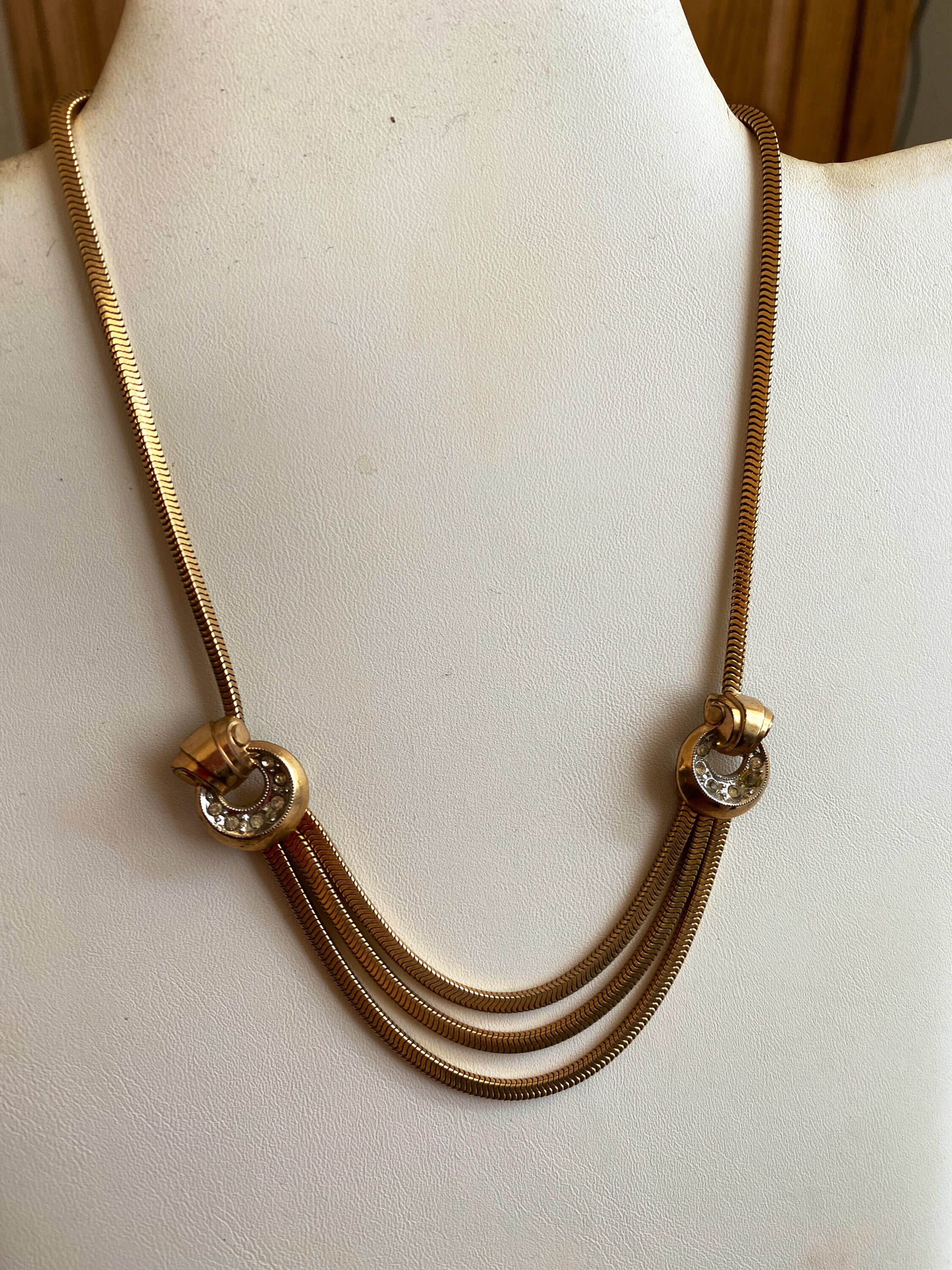10kt Gold Fill and Rhinestone Drape Necklace Signed P S Co 10kt Gold Fill and Rhinestone Drape Necklace Signed P S Co