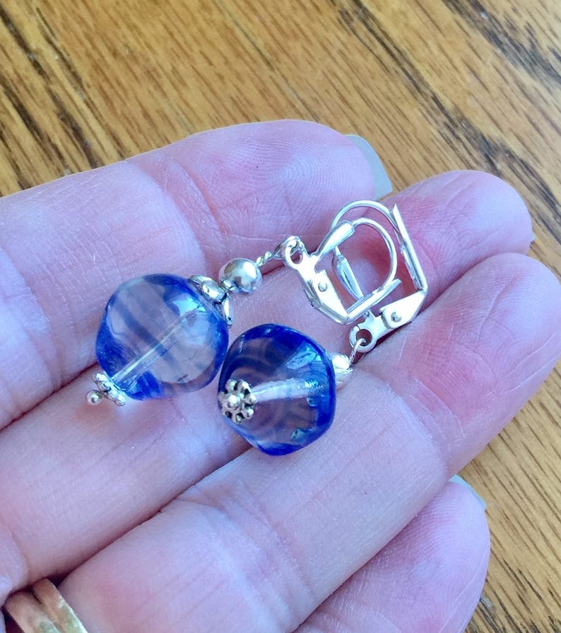 Vintage German Art Glass Czech glass earrings cobalt blue beads pierced lever back dangle silver antique brass findings up-cycled vintage