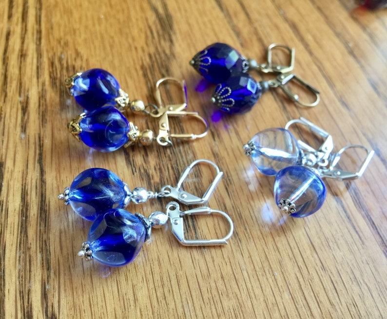 Vintage German Art Glass Czech glass earrings cobalt blue beads pierced lever back dangle silver antique brass findings up-cycled vintage