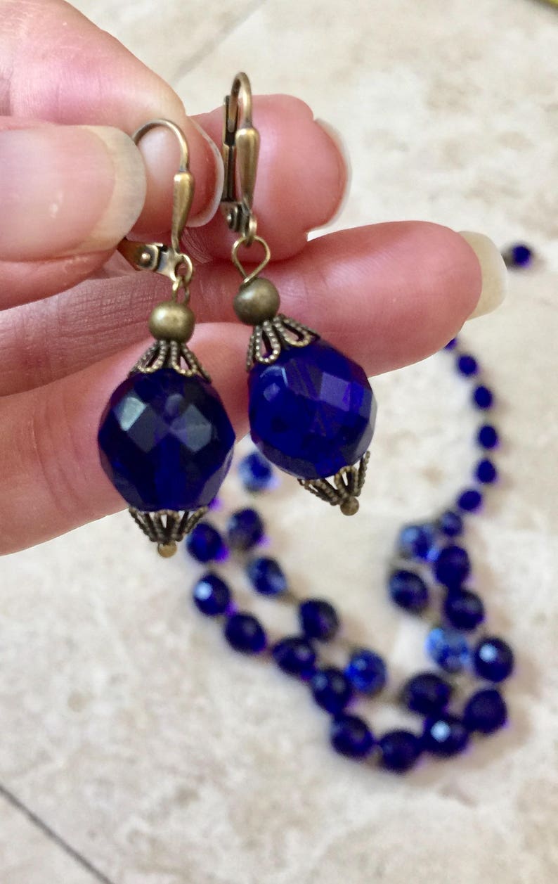 Vintage German Art Glass Czech glass earrings cobalt blue beads pierced lever back dangle silver antique brass findings up-cycled vintage