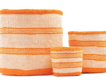 Orange Stripe Storage Basket. Round Colourful Handwoven Sisal Basket.