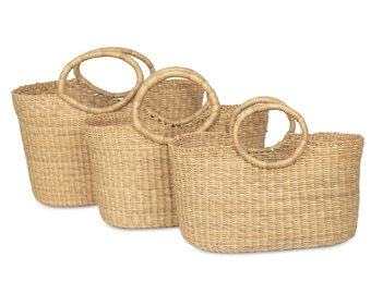 Natural Shopping Basket. Handwoven Ghanaian Bolga Farmer's Market Basket with Handles.
