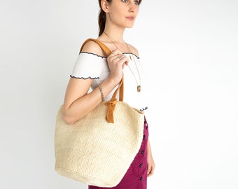 Handwoven Natural Sisal Tote Bag. Basket Shopper With Leather Handles.