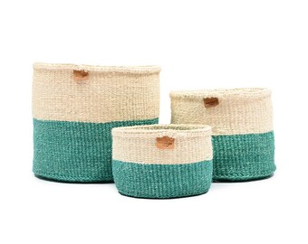 Aqua Colour Block Basket. Round Handwoven Sisal Storage Basket.