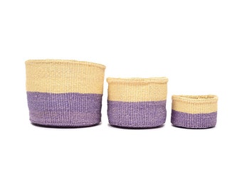 Soft Yellow & Lilac Basket, Duo Colour Block. Round Handwoven Sisal Storage Basket.