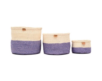 Lavender Colour Block Basket. Round Handwoven Sisal Storage Basket.