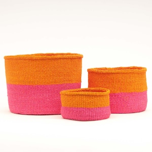 Orange & Pink Basket, Duo Colour Block. Round Handwoven Sisal Storage Basket.