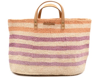 Orange & Pink Stripe Woven Shopper. Sisal Basket Bag With Leather Handles.