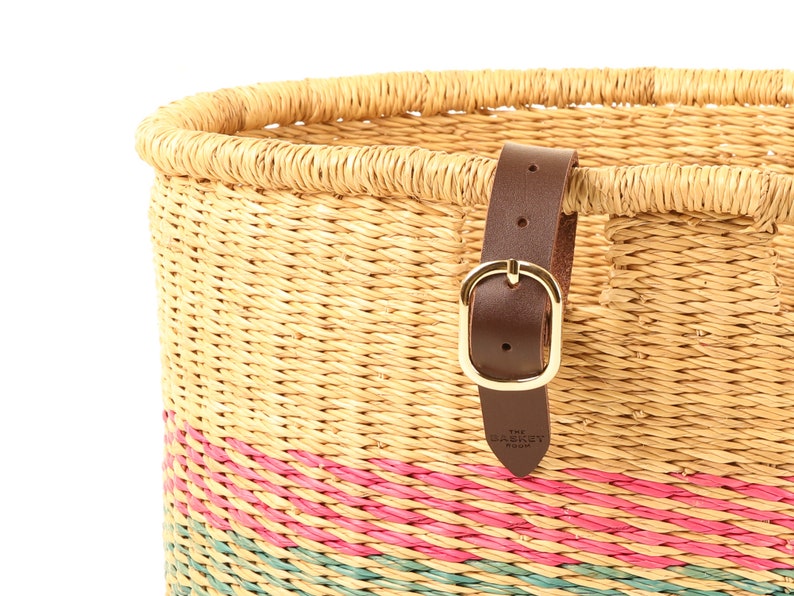 Pink and Turquoise Oblong Bike Basket. Handwoven Bicycle Basket with Leather Straps. image 6