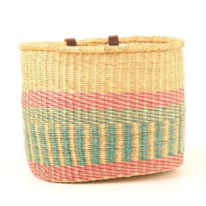 Pink and Turquoise Oblong Bike Basket. Handwoven Bicycle Basket with Leather Straps. image 4