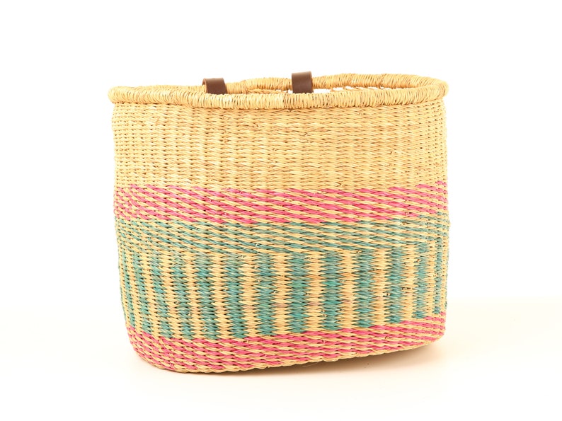 Pink and Turquoise Oblong Bike Basket. Handwoven Bicycle Basket with Leather Straps. image 4