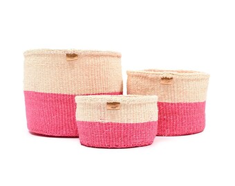 Hot Pink Colour Block Basket. Round Handwoven Sisal Storage Basket.