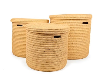 Handwoven Palm Leaf Lidded Basket, Kenyan Laundry Hamper
