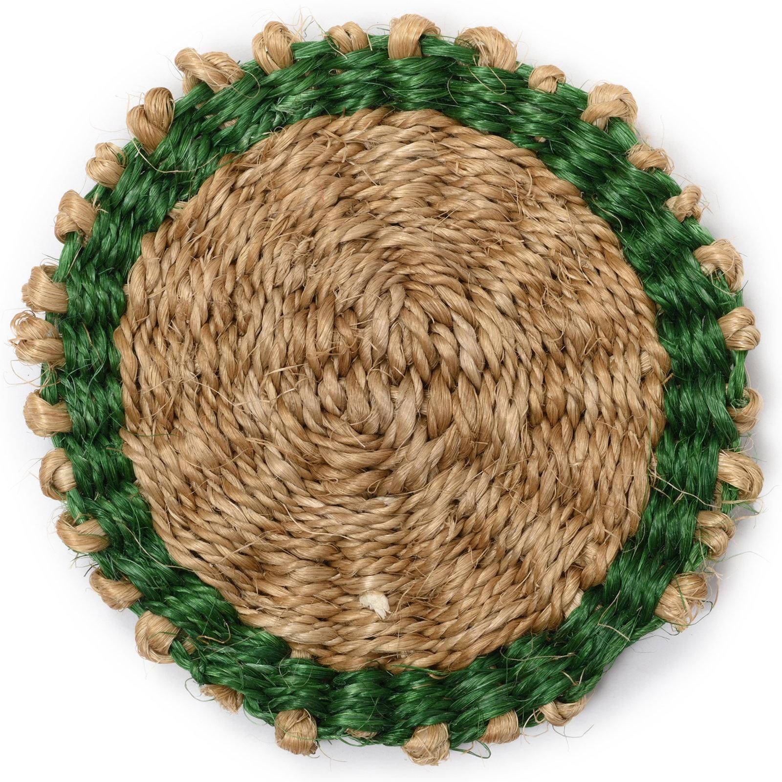 Green & Khaki Sisal Coaster, Colourful Woven Drinks Mat For Alfresco Dining, Brunch, Dinner Parties and Weddings.