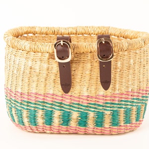 Child&#39;s Pink and Turquoise Bike Basket. Handwoven Small Bike Basket with Leather Straps.