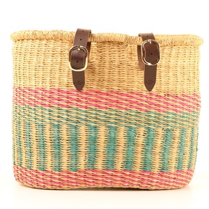 Pink and Turquoise Oblong Bike Basket. Handwoven Bicycle Basket with Leather Straps. image 1