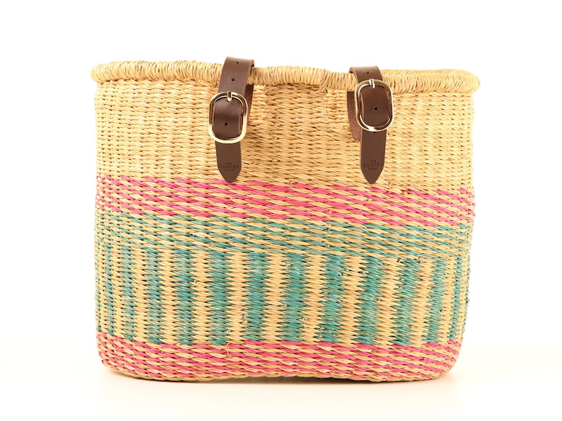 Pink and Turquoise Oblong Bike Basket. Handwoven Bicycle Basket with Leather Straps. image 1