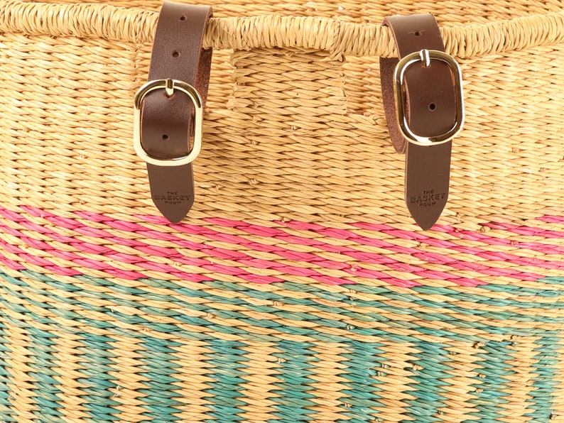 Pink and Turquoise Oblong Bike Basket. Handwoven Bicycle Basket with Leather Straps. image 5