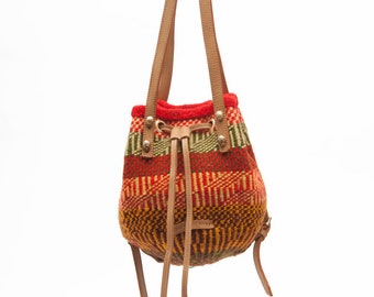Red and Brown Wool Backpack. Colourful Unique Basket Bag. Handwoven Gifts for Her