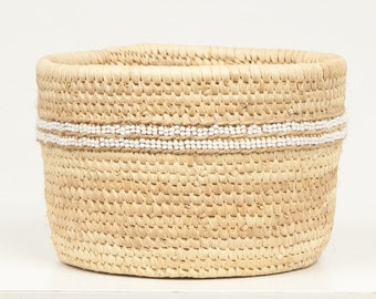 Decorative White Beaded Doum Palm Leaf Baskets. Handwoven Plant Basket. Hand Embroidered With Beads.