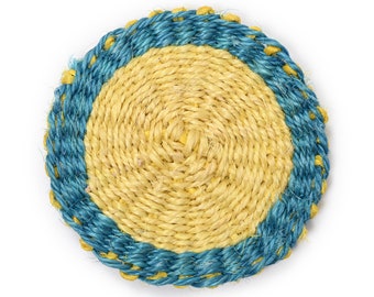 Blue & Yellow Sisal Coaster. Colourful Woven Tableware