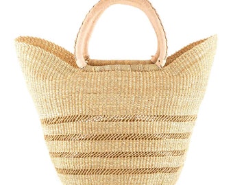 Open Weave Shopping Basket with Leather Handles. Natural Woven Ghanaian Market Basket.