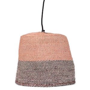 May include: A pendant light fixture with a woven shade in a two-tone design. The top half of the shade is a light peach color, and the bottom half is a dark brown with a subtle striped pattern.