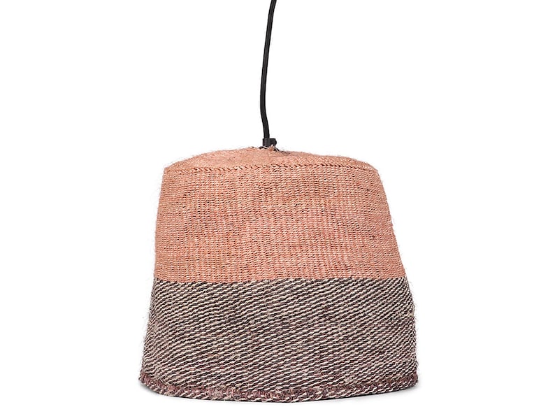 May include: A pendant light fixture with a woven shade in a two-tone design. The top half of the shade is a light peach color, and the bottom half is a dark brown with a subtle striped pattern.