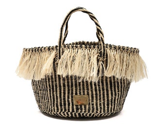 Black & Natural Sisal Fringed Mono Stripe Handbag Purse Basket Bag