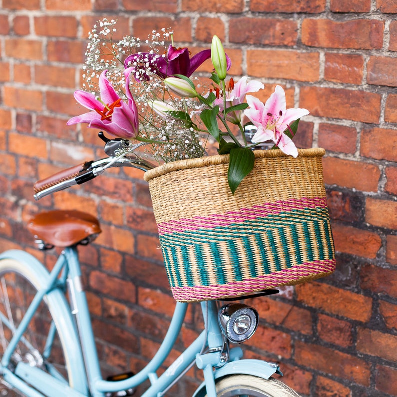 Pink and Turquoise Oblong Bike Basket. Handwoven Bicycle Basket with Leather Straps. image 2