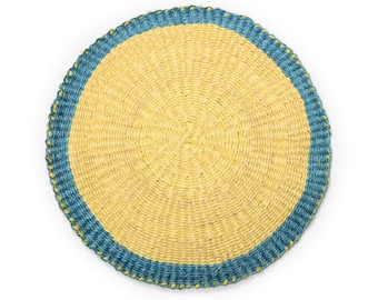 Blue & Yellow Sisal Placemat, Colourful Woven Tableware, Handwoven Colour Trim Placemat For Alfresco Dining, Brunch And Dinner Parties