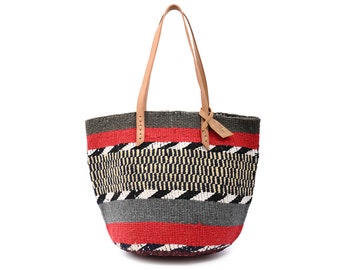 NINGEPENDA: Handwoven Black Grey and Red  Wool Tote Bag