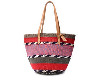 NGAPI: Handwoven Red Grey and Pink Wool Tote Bag