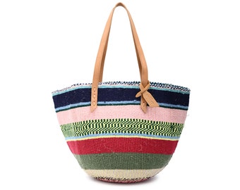 NGOZI: Handwoven Navy Blue Pink and Red Wool Tote Bag