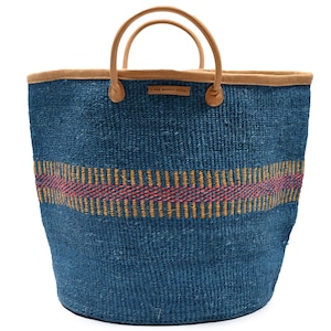 Blue, Gold & Red Stripe Woven Laundry Basket. Handwoven Clothes Basket With Handles. Large Washing Hamper.