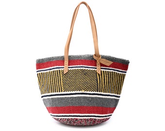 NINI: Handwoven Grey Red and Yellow Wool Tote Bag